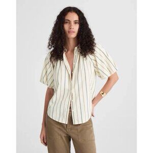 Madewell Cream/Brown Striped Shirred Bubble-Sleeve Button Down Shirt XL NWT